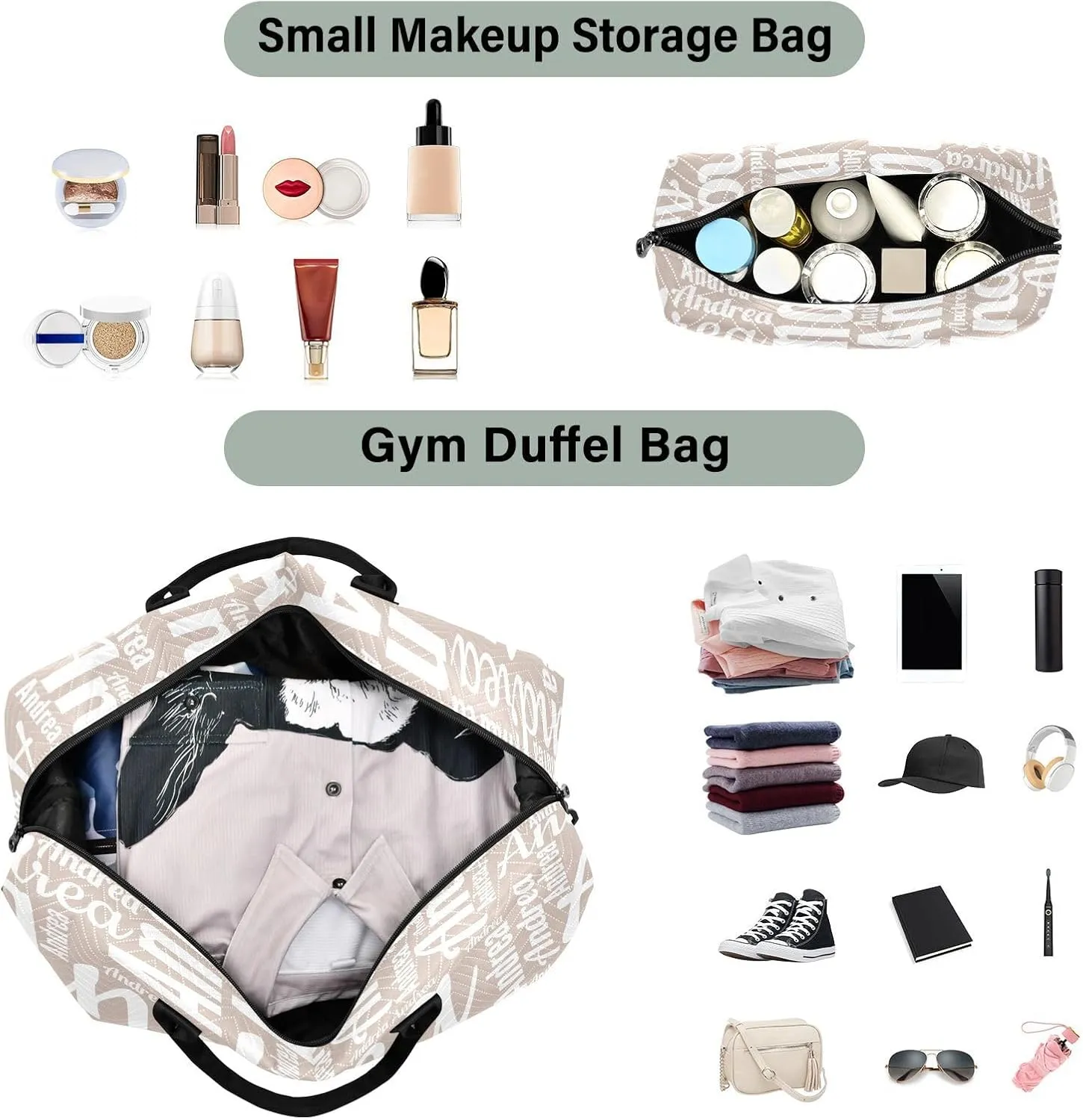 DOMIKING Gray Peach Personalized Duffel Bag Foldable Weekender Bag Overnight Bags for Women Men Custom Sport Gym Bag with Toiletry Bag for Business Hospital Trip, 2 Pcs