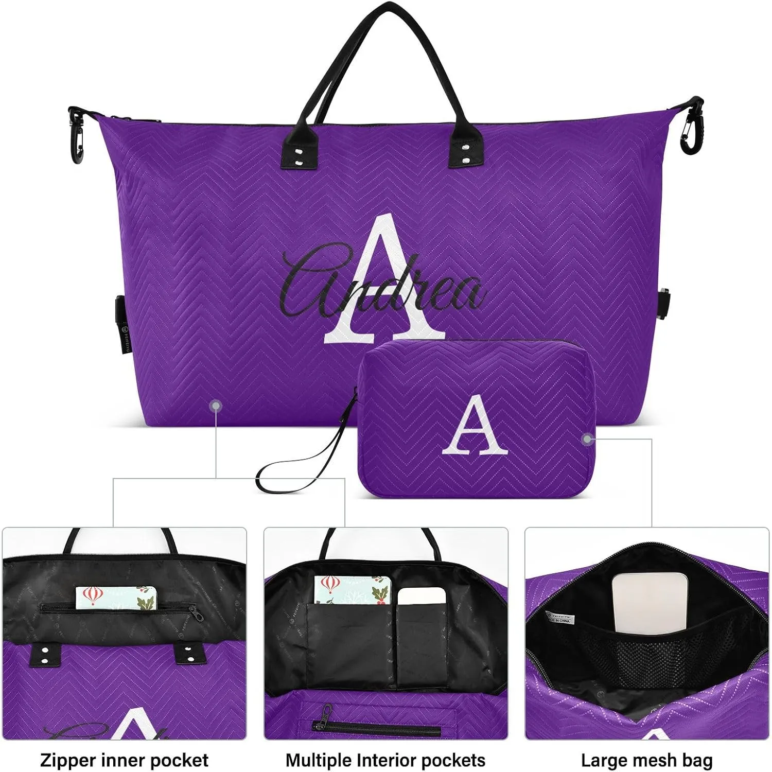 DOMIKING Purple Personalized Duffel Bag Foldable Weekender Bag Overnight Bags for Women Men Custom Sport Gym Bag with Toiletry Bag for Business Trip Travel, 2 Pcs