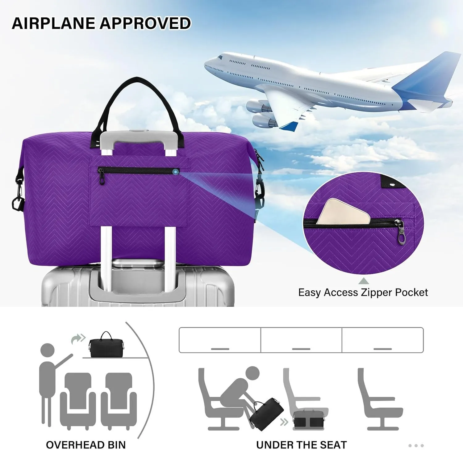 DOMIKING Purple Personalized Duffel Bag Foldable Weekender Bag Overnight Bags for Women Men Custom Sport Gym Bag with Toiletry Bag for Business Trip Travel, 2 Pcs