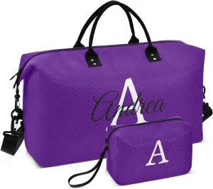 DOMIKING Purple Personalized Duffel Bag Foldable Weekender Bag Overnight Bags for Women Men Custom Sport Gym Bag with Toiletry Bag for Business Trip Travel, 2 Pcs