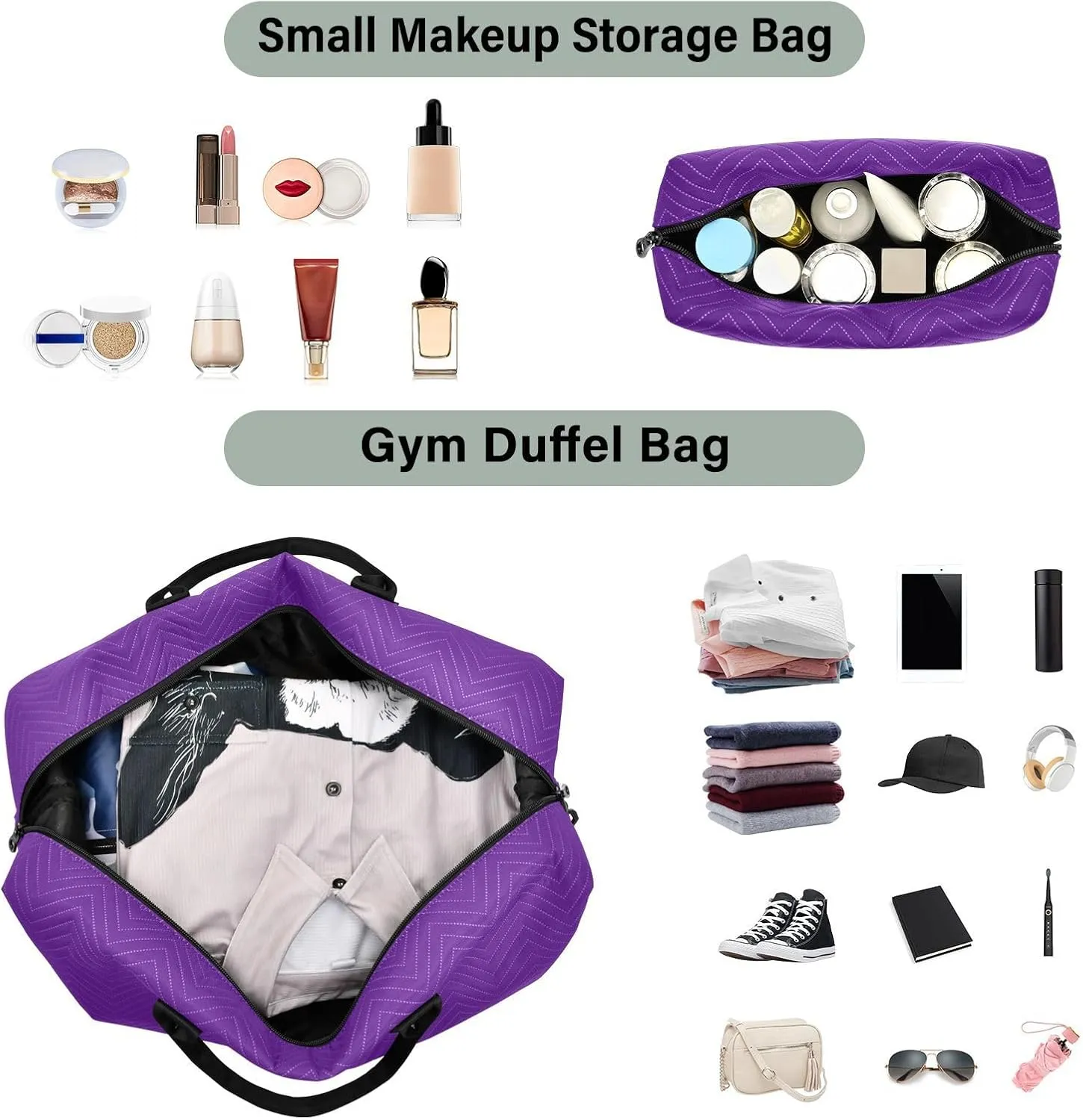 DOMIKING Purple Personalized Duffel Bag Foldable Weekender Bag Overnight Bags for Women Men Custom Sport Gym Bag with Toiletry Bag for Business Trip Travel, 2 Pcs