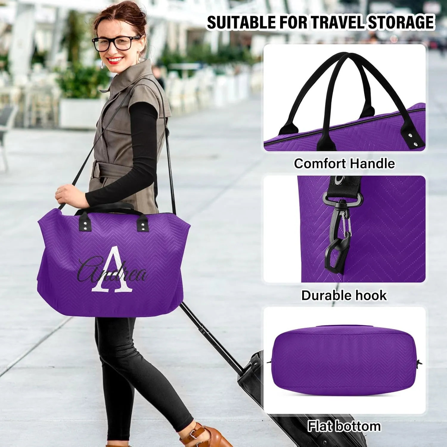 DOMIKING Purple Personalized Duffel Bag Foldable Weekender Bag Overnight Bags for Women Men Custom Sport Gym Bag with Toiletry Bag for Business Trip Travel, 2 Pcs