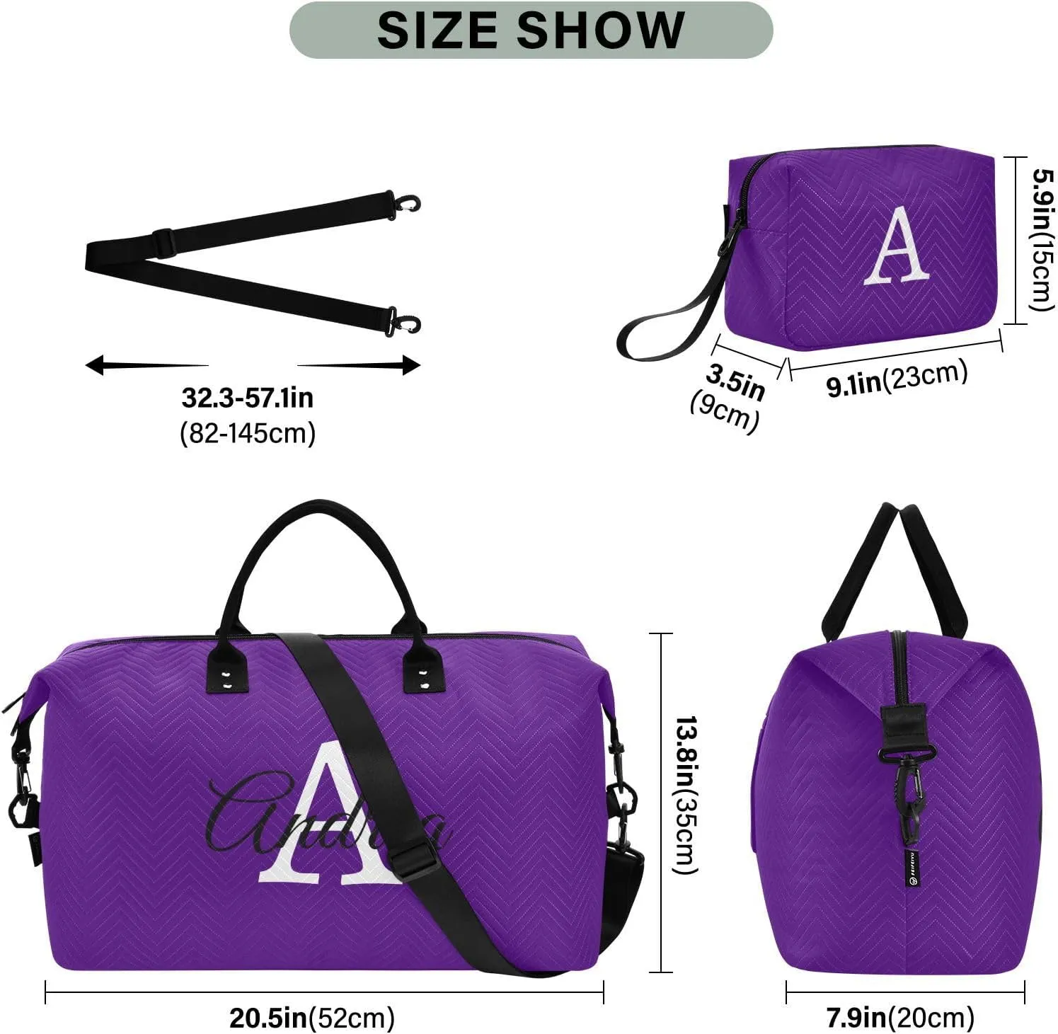 DOMIKING Purple Personalized Duffel Bag Foldable Weekender Bag Overnight Bags for Women Men Custom Sport Gym Bag with Toiletry Bag for Business Trip Travel, 2 Pcs