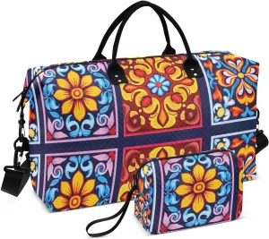 DOMIKING Talavera Ceramic Tile Travel Duffle Bag Foldable Weekender Overnight Bags for Women Men Carry On Tote Bag Personal Item Travel Bag with Toiletry Bag for Yoga Business Travel, 2 Pcs