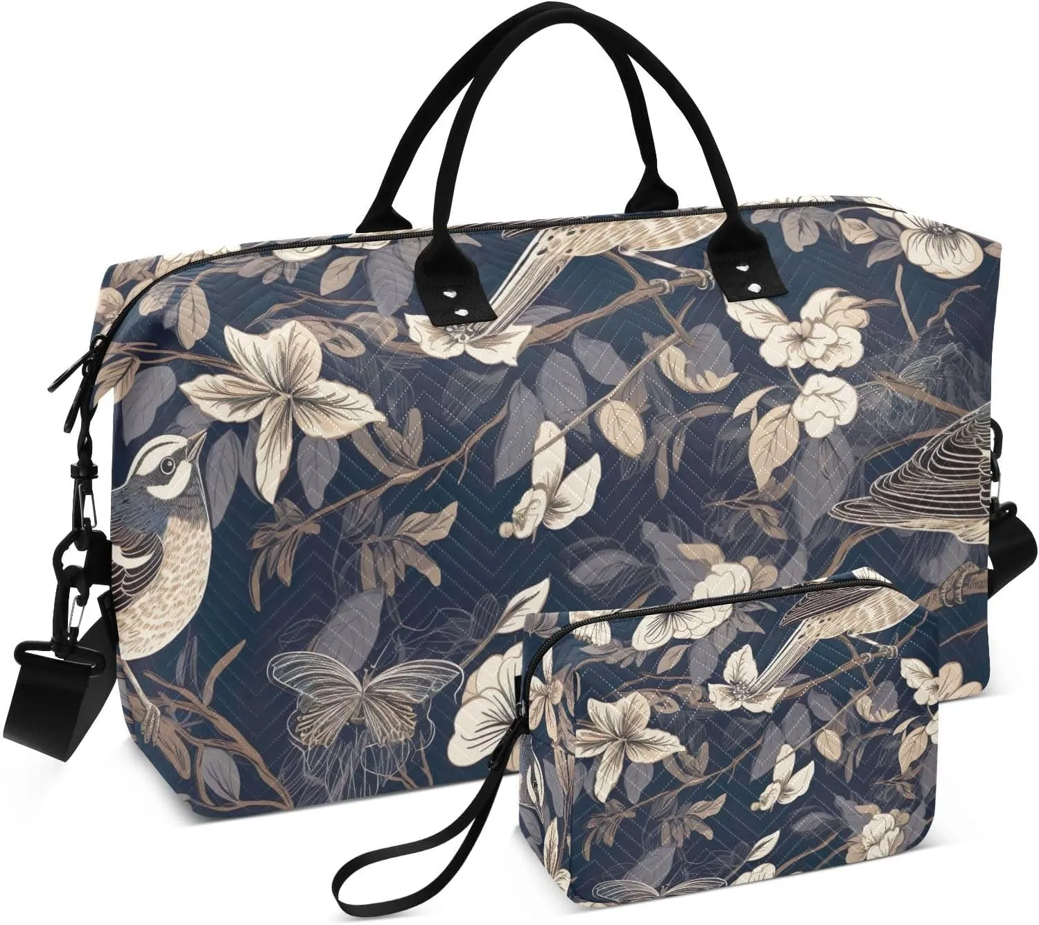 DOMIKING White Flower Sparrow Travel Duffle Bag Foldable Weekender Overnight Bags for Women Men Carry On Luggage Bag Personal Item Travel Bag with Toiletry Bag for Travel Men Business, 2 Pcs