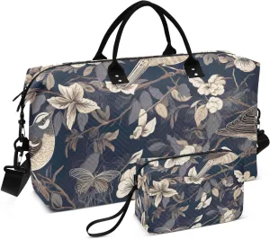 DOMIKING White Flower Sparrow Travel Duffle Bag Foldable Weekender Overnight Bags for Women Men Carry On Luggage Bag Personal Item Travel Bag with Toiletry Bag for Travel Men Business, 2 Pcs