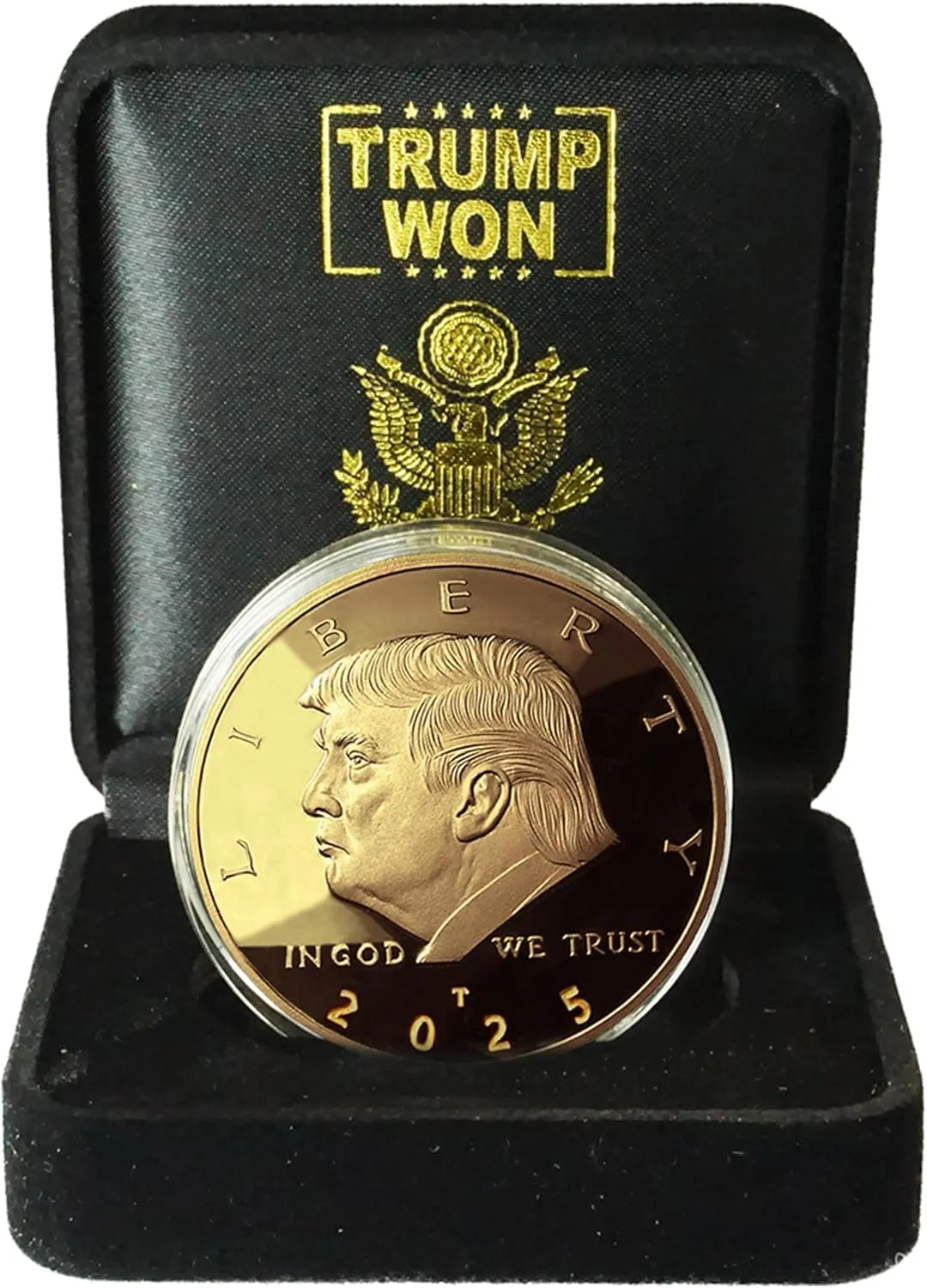 Donald J. Trump Won 2025 Gold Coin in Velvet Display Case - 47th Presidential Commemorative Gold Plated Replica Challenge Coin with Cert of Authenticity (2025 Velvet)