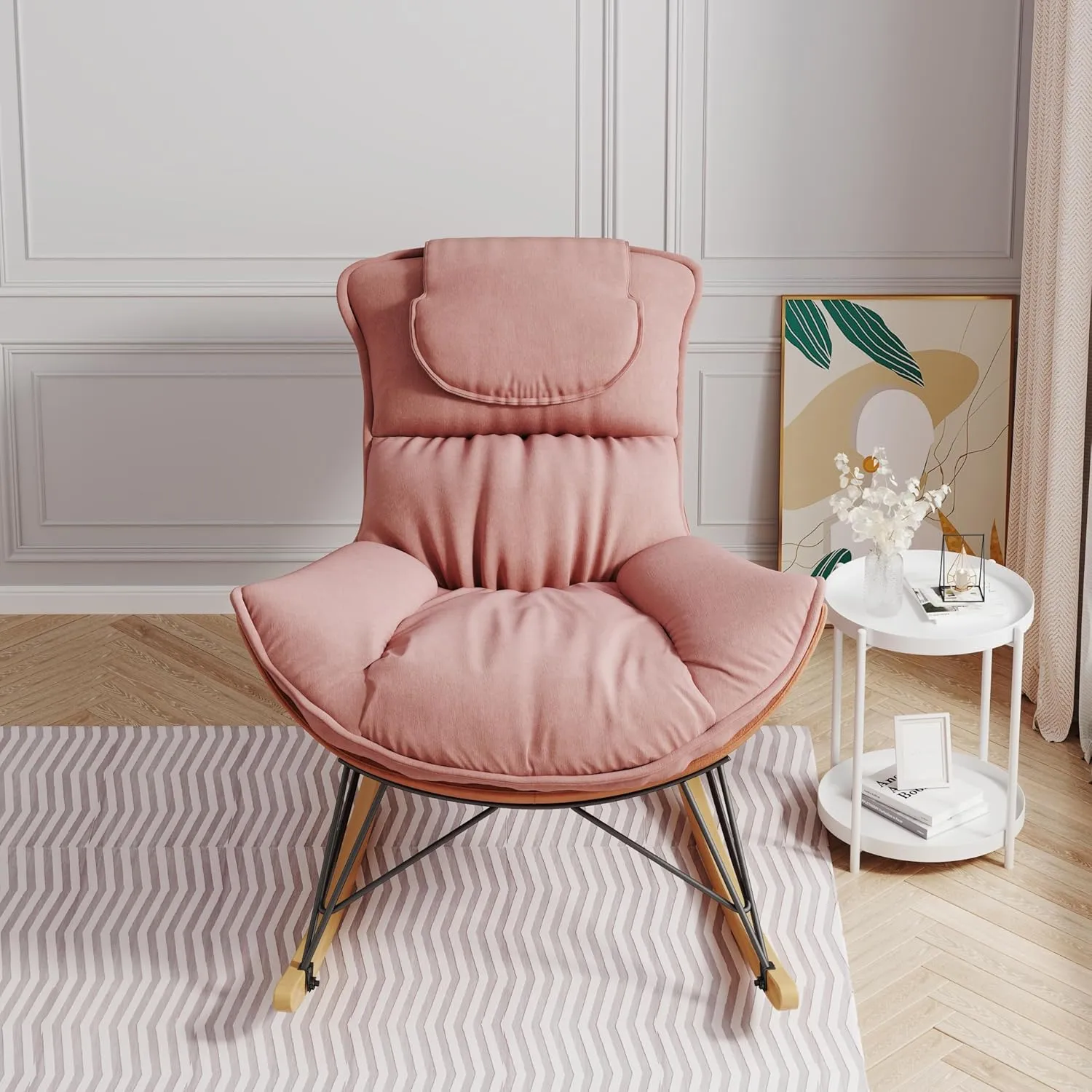 Donext Rocking Papasan Chair, comfortable and breathable, Comfy Indoor and Outdoor Lounge Chair with Thick Cushion for Bedroom, Living Room, Patio, Porch, Garden, Deck, Lawn, Pink