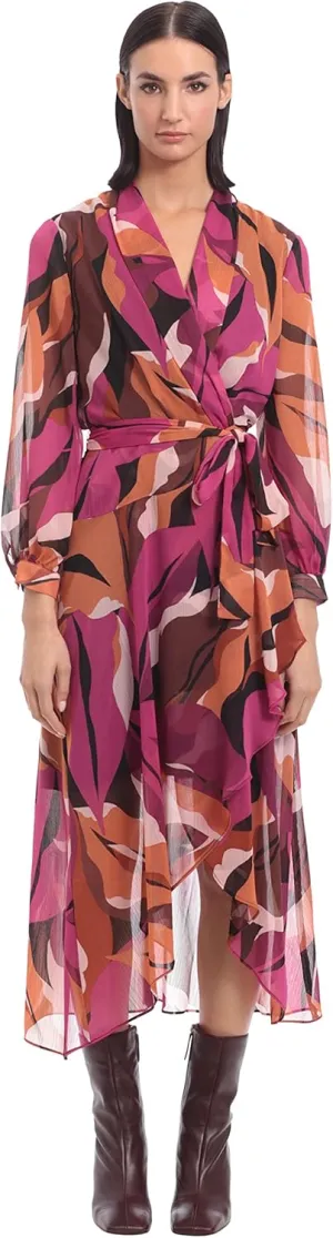 Donna Morgan Women's Faux Wrap Shawl Collar High-Low Dress with Waist Tie