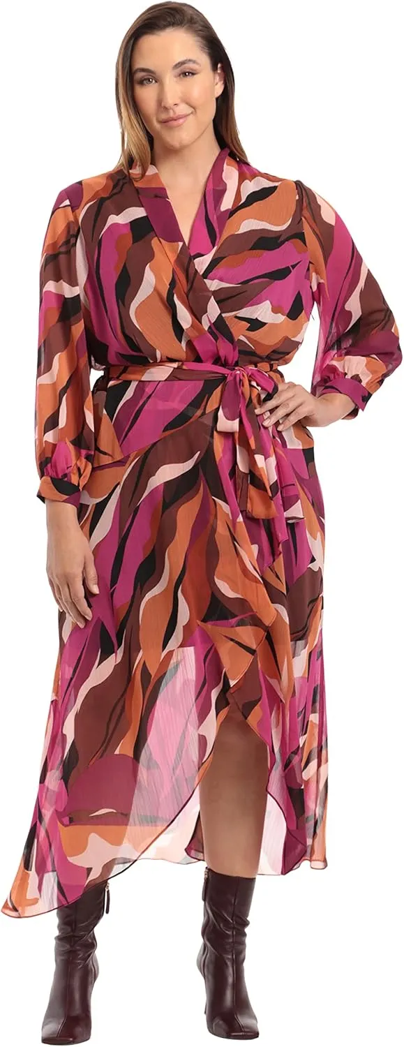 Donna Morgan Women's Faux Wrap Shawl Collar High-Low Dress with Waist Tie