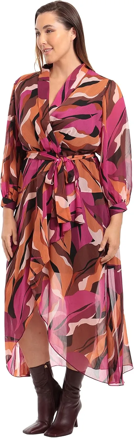 Donna Morgan Women's Faux Wrap Shawl Collar High-Low Dress with Waist Tie