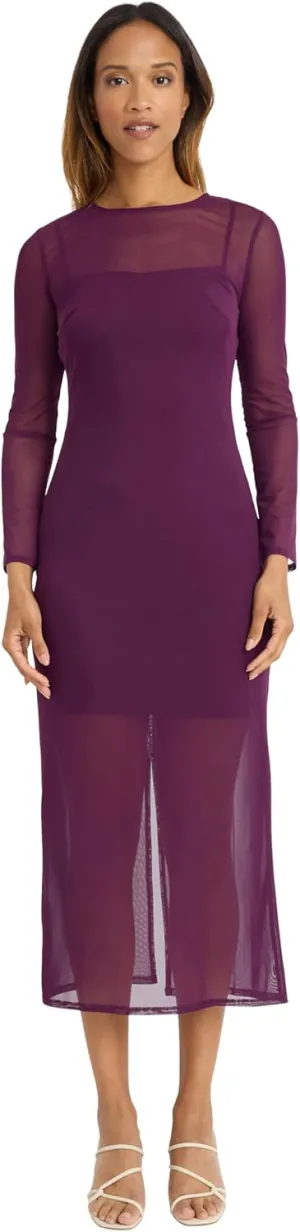 Donna Morgan Women's Long Sleeve Midi Sheer Mesh Overlay, Perfect Cocktail, Going Out, Birthday, Or Date Night Dress