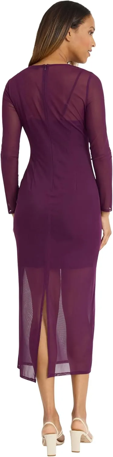 Donna Morgan Women's Long Sleeve Midi Sheer Mesh Overlay, Perfect Cocktail, Going Out, Birthday, Or Date Night Dress