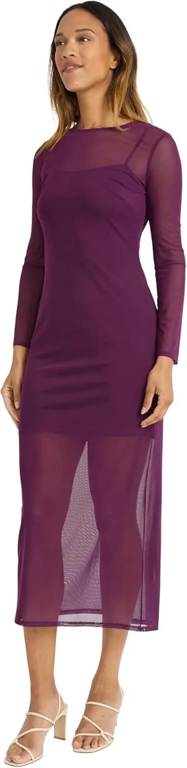 Donna Morgan Women's Long Sleeve Midi Sheer Mesh Overlay, Perfect Cocktail, Going Out, Birthday, Or Date Night Dress
