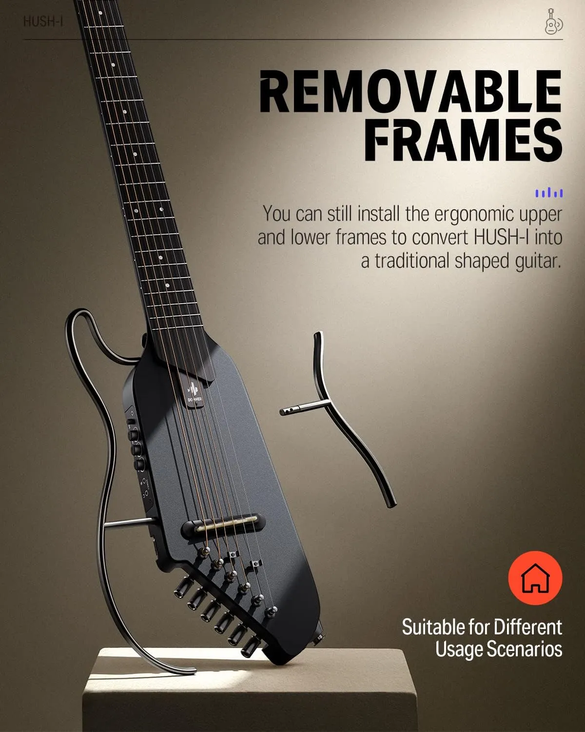 Donner HUSH I Guitar For Travel - Portable Ultra-Light and Quiet Performance Headless Acoustic-Electric Guitar, Maple Body with Removable Frames, Gig Bag, and Accessories