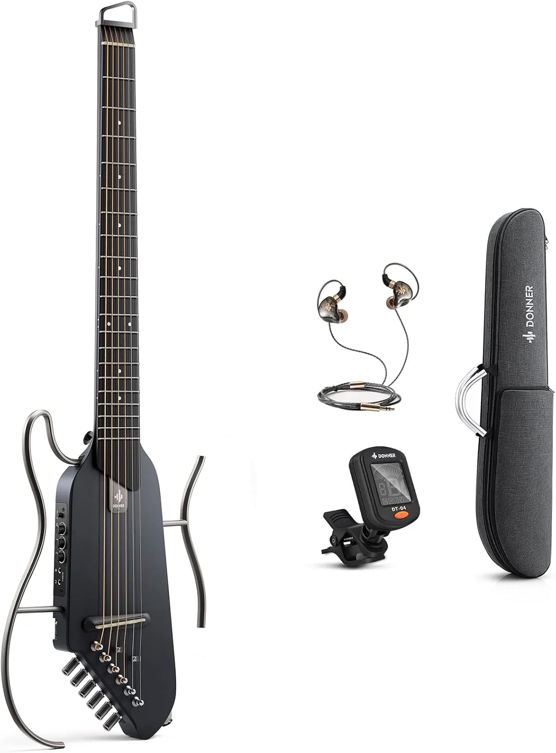 Donner HUSH I Guitar For Travel - Portable Ultra-Light and Quiet Performance Headless Acoustic-Electric Guitar, Maple Body with Removable Frames, Gig Bag, and Accessories