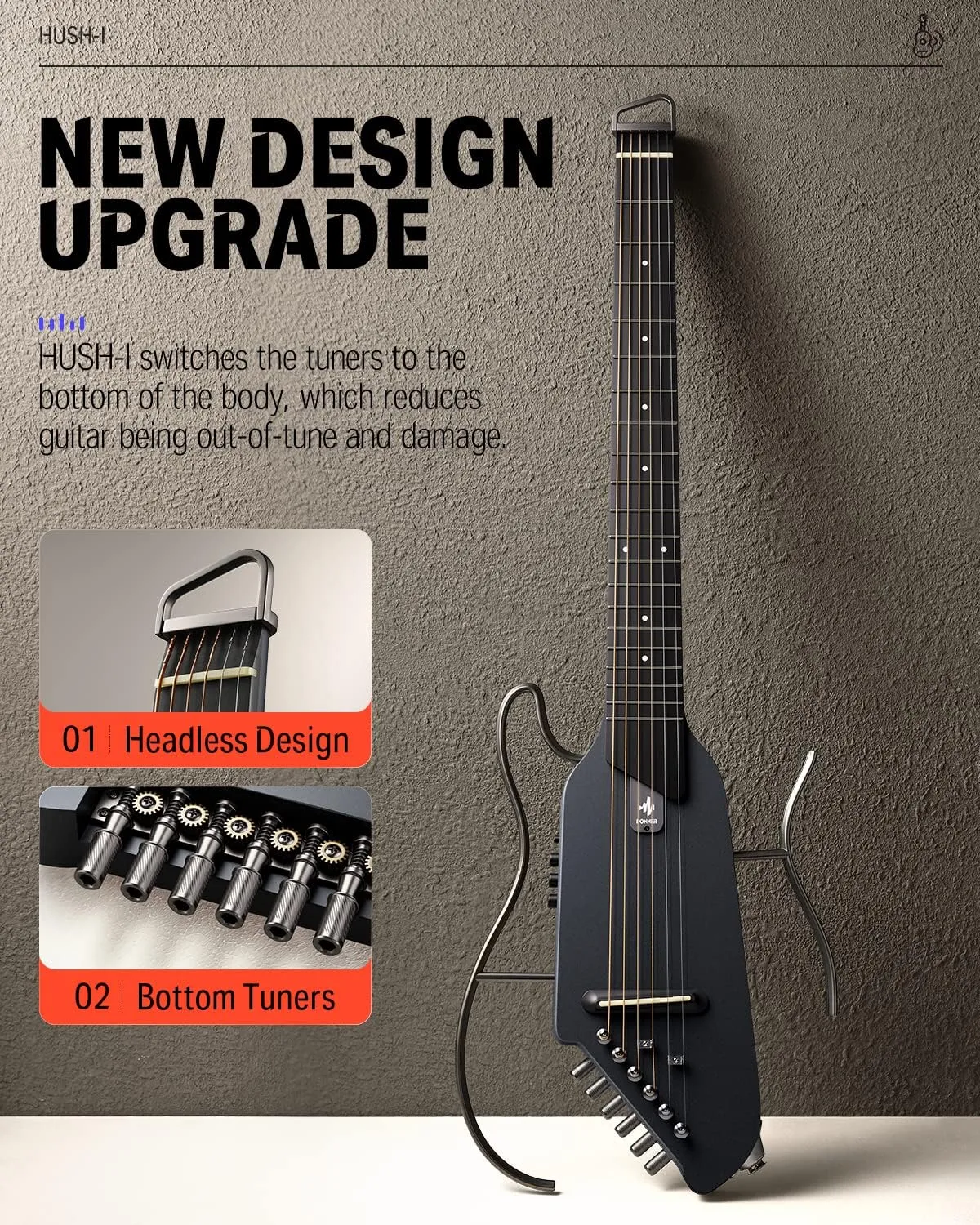 Donner HUSH I Guitar For Travel - Portable Ultra-Light and Quiet Performance Headless Acoustic-Electric Guitar, Maple Body with Removable Frames, Gig Bag, and Accessories