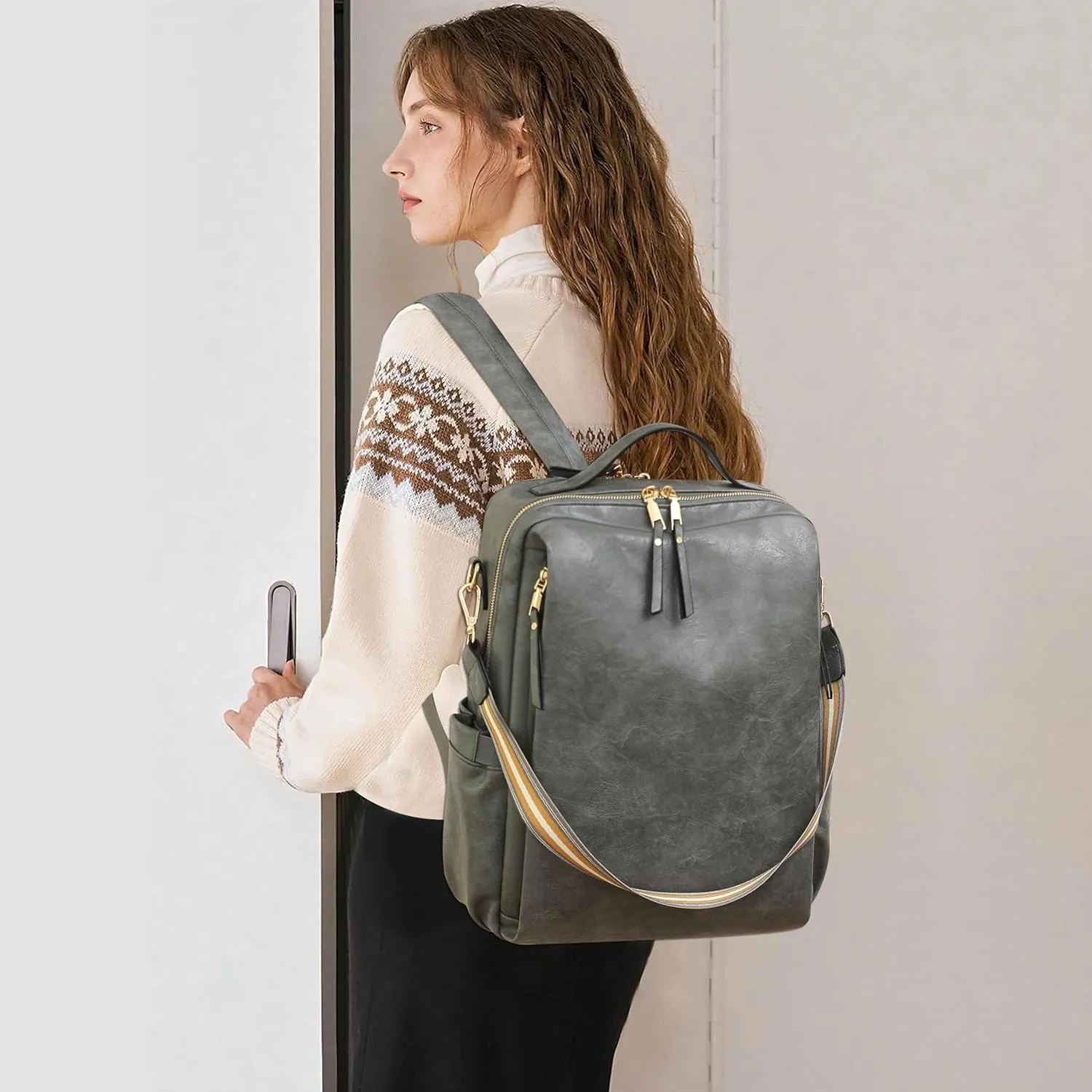 Dora & Liz Laptop Backpack for Women, Leather Travel Backpack with 15.6 Inch Laptop Compartment, College Computer Bag Daypack (Grey)