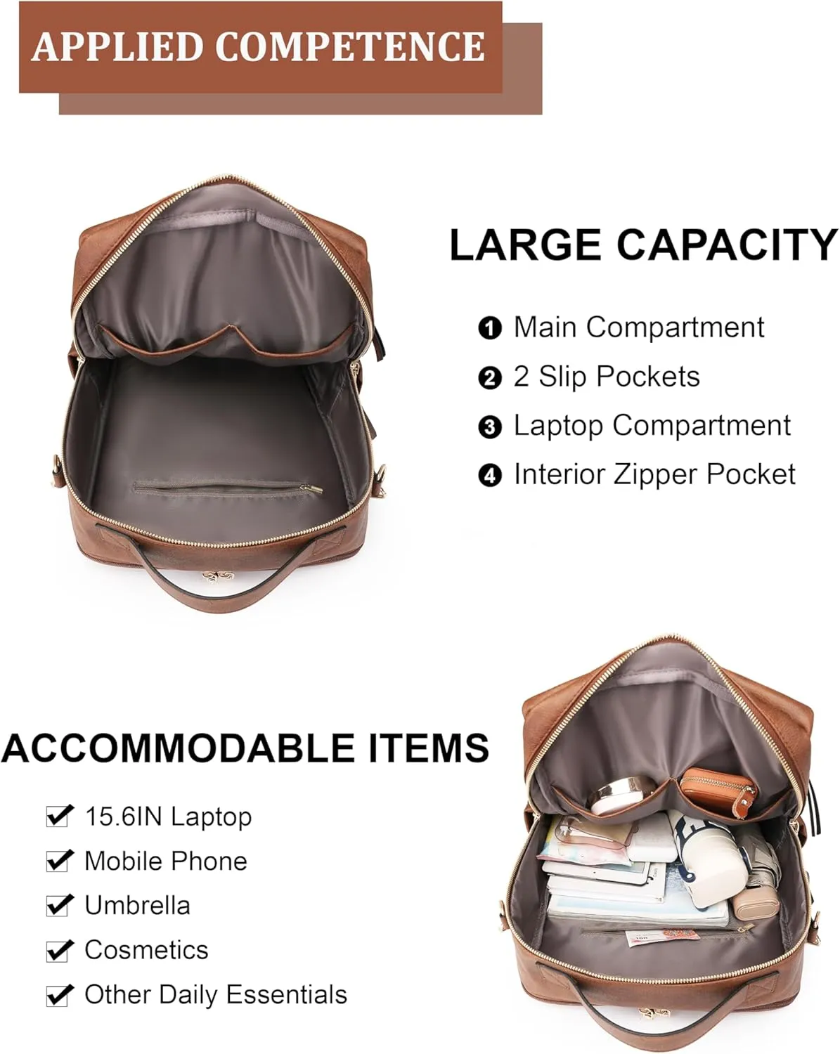 Dora & Liz Laptop Backpack for Women, Leather Travel Backpack with 15.6 Inch Laptop Compartment, College Computer Bag Daypack (Grey)