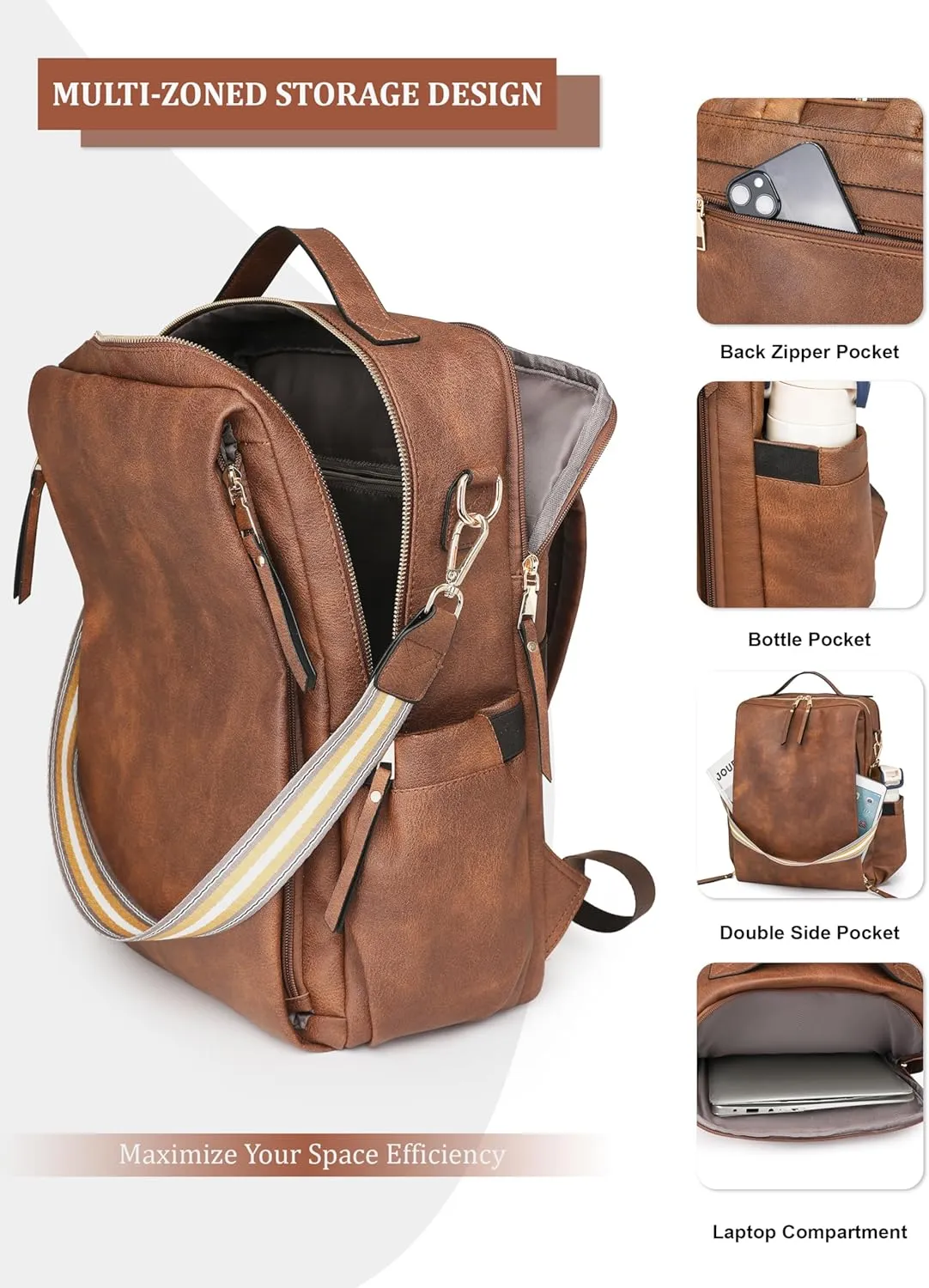 Dora & Liz Laptop Backpack for Women, Leather Travel Backpack with 15.6 Inch Laptop Compartment, College Computer Bag Daypack (Grey)