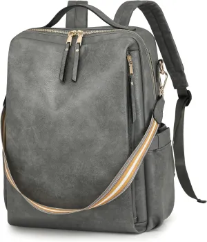 Dora & Liz Laptop Backpack for Women, Leather Travel Backpack with 15.6 Inch Laptop Compartment, College Computer Bag Daypack (Grey)