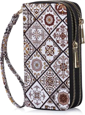 Double Zipper Wallet for Woman Clutch Purse with Cell Phone Holder for Smartphone/Card/Coin/Cash