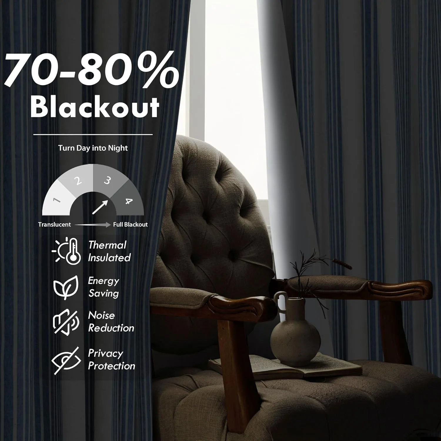 DriftAway Chris Linen Blackout Curtains with Thermal and Sound Reducing Layer 84 Inches Long for Bedroom Striped Printed Drapes Thermal Insulated Lined Window Treatment for Living Room Linen Jean Navy