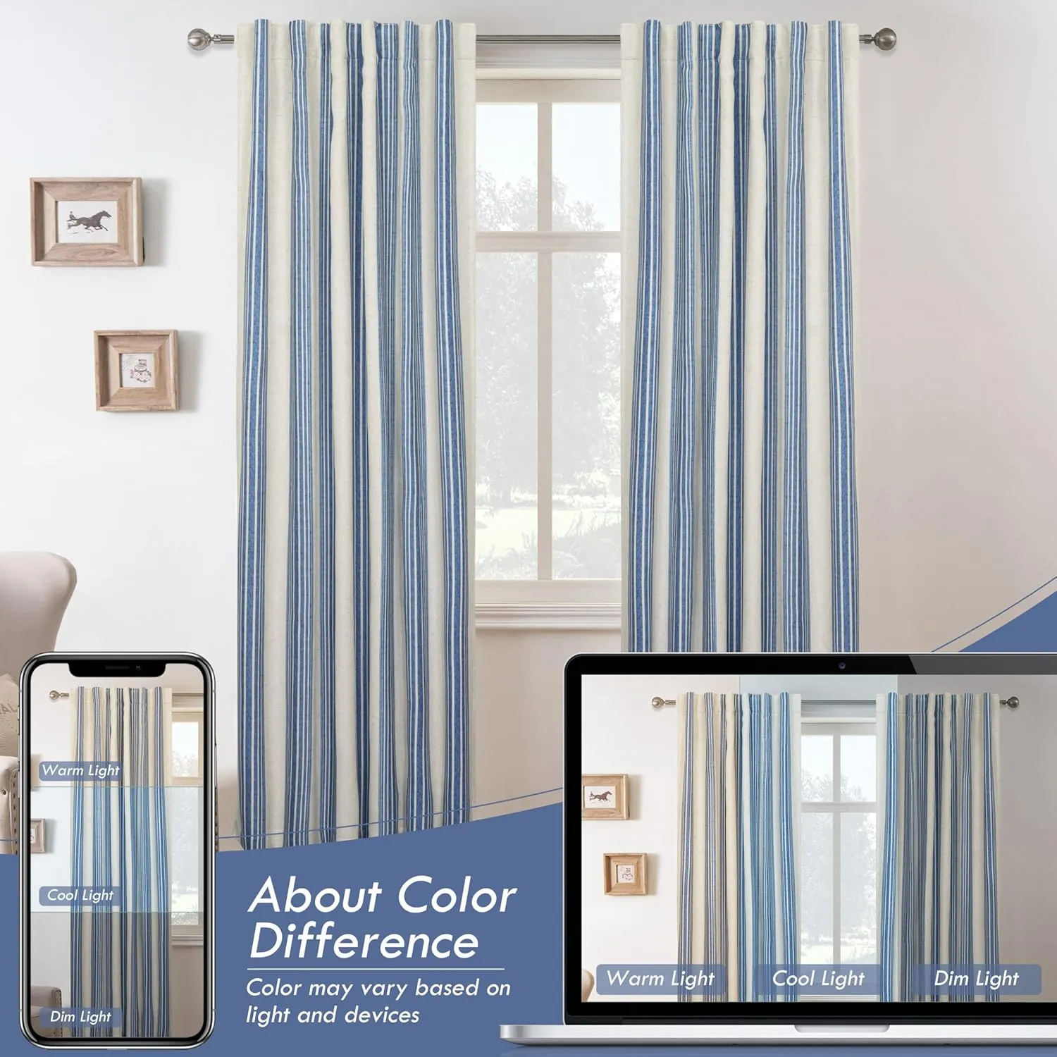 DriftAway Chris Linen Blackout Curtains with Thermal and Sound Reducing Layer 84 Inches Long for Bedroom Striped Printed Drapes Thermal Insulated Lined Window Treatment for Living Room Linen Jean Navy