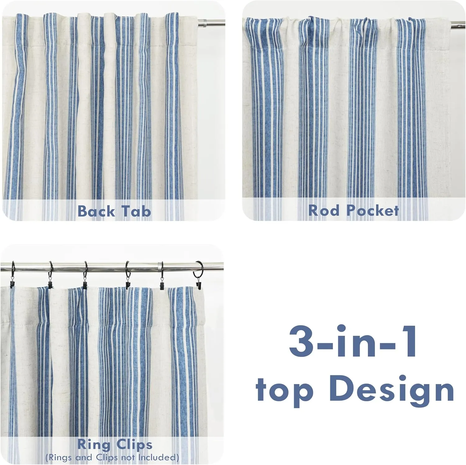 DriftAway Chris Linen Blackout Curtains with Thermal and Sound Reducing Layer 84 Inches Long for Bedroom Striped Printed Drapes Thermal Insulated Lined Window Treatment for Living Room Linen Jean Navy