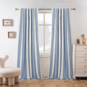 DriftAway Chris Linen Blackout Curtains with Thermal and Sound Reducing Layer 84 Inches Long for Bedroom Striped Printed Drapes Thermal Insulated Lined Window Treatment for Living Room Linen Jean Navy