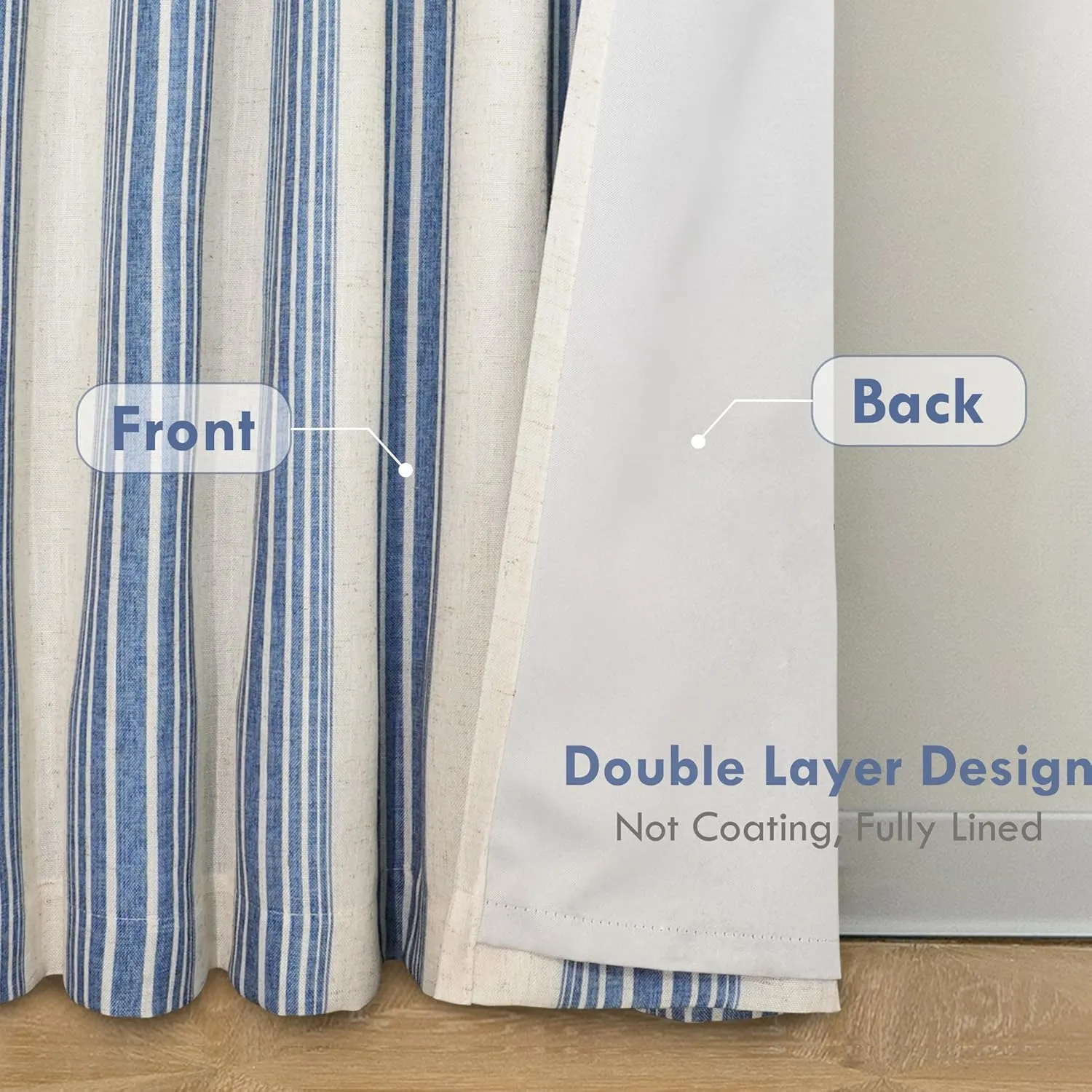 DriftAway Chris Linen Blackout Curtains with Thermal and Sound Reducing Layer 84 Inches Long for Bedroom Striped Printed Drapes Thermal Insulated Lined Window Treatment for Living Room Linen Jean Navy