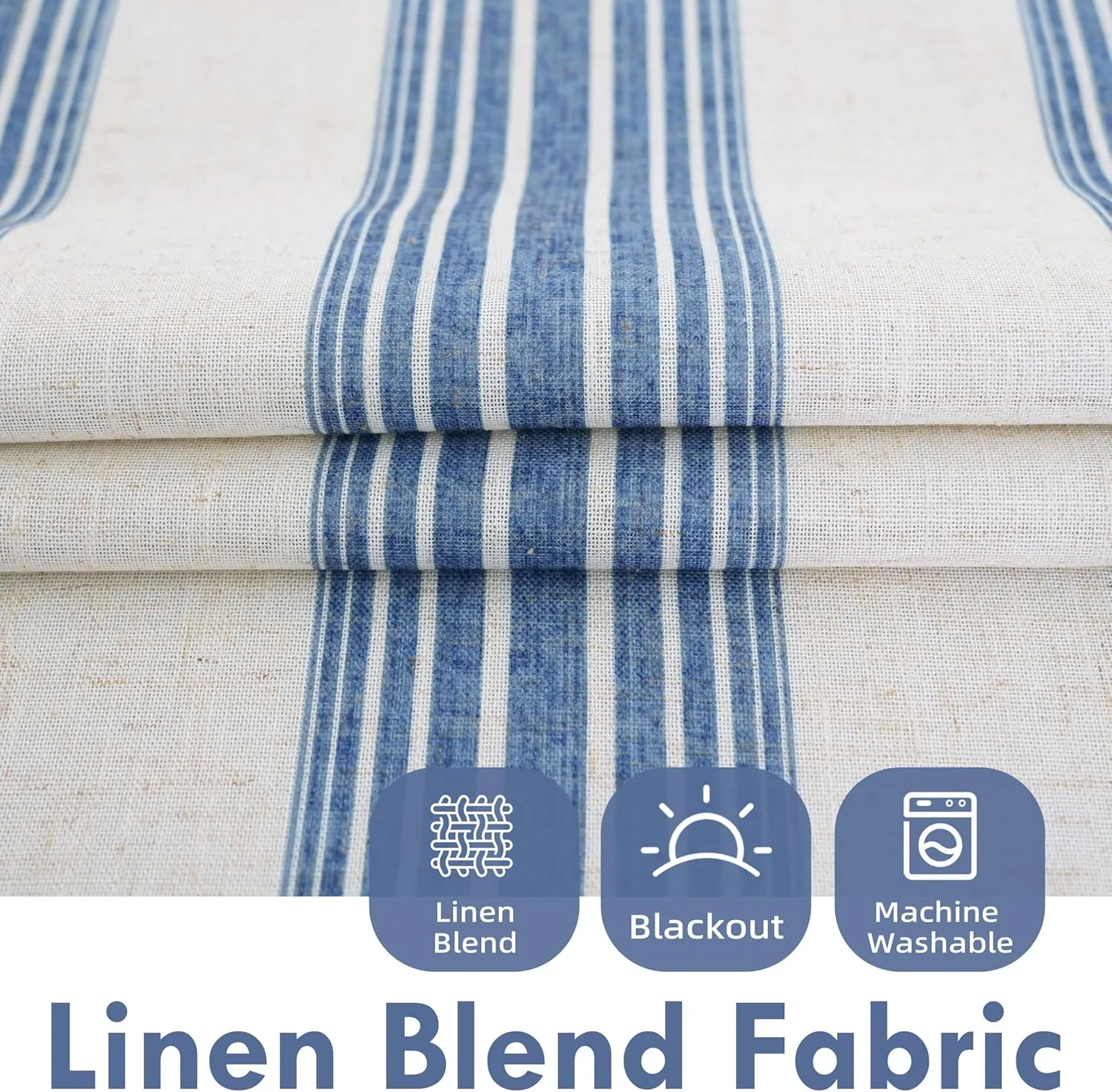 DriftAway Chris Linen Blackout Curtains with Thermal and Sound Reducing Layer 84 Inches Long for Bedroom Striped Printed Drapes Thermal Insulated Lined Window Treatment for Living Room Linen Jean Navy