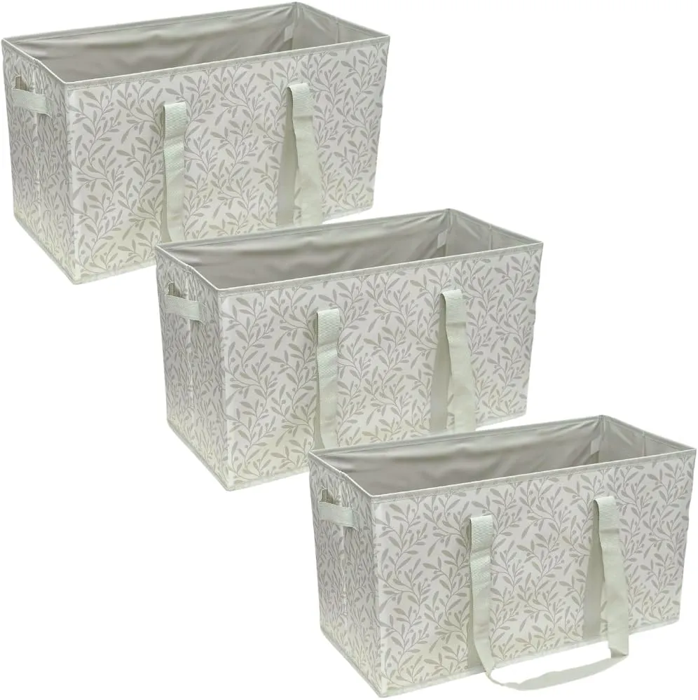 DURASACK Large Grocery Tote Bag 3-Pack All-Purpose Collapsible Tote Bags with Handles Kitchen Reusable Grocery Bags, Grey Leaf