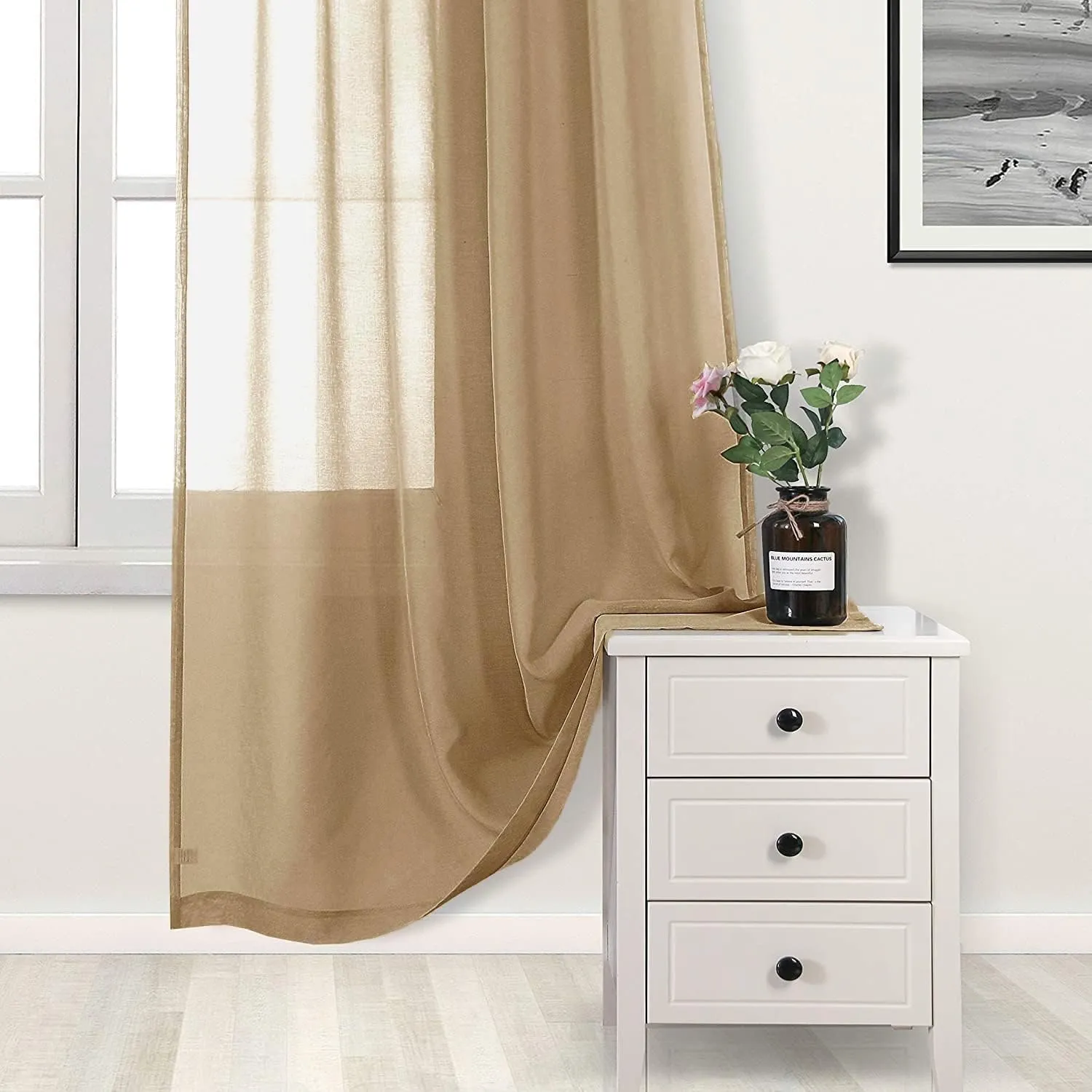 DWCN Taupe Sheer Curtains for Living Room Bedroom - Faux Linen Look Voile Drapes Grommet Top Window Curtain Panel 52 x 84 Inches Long, Set of 2 Panels