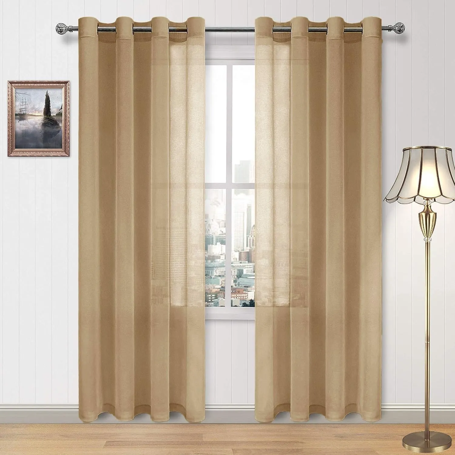 DWCN Taupe Sheer Curtains for Living Room Bedroom - Faux Linen Look Voile Drapes Grommet Top Window Curtain Panel 52 x 84 Inches Long, Set of 2 Panels