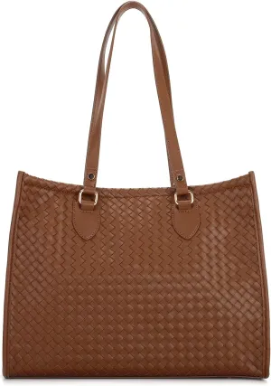E Woven Pattern Tote Bag for Women Vegan Leather Top Handle Handbag