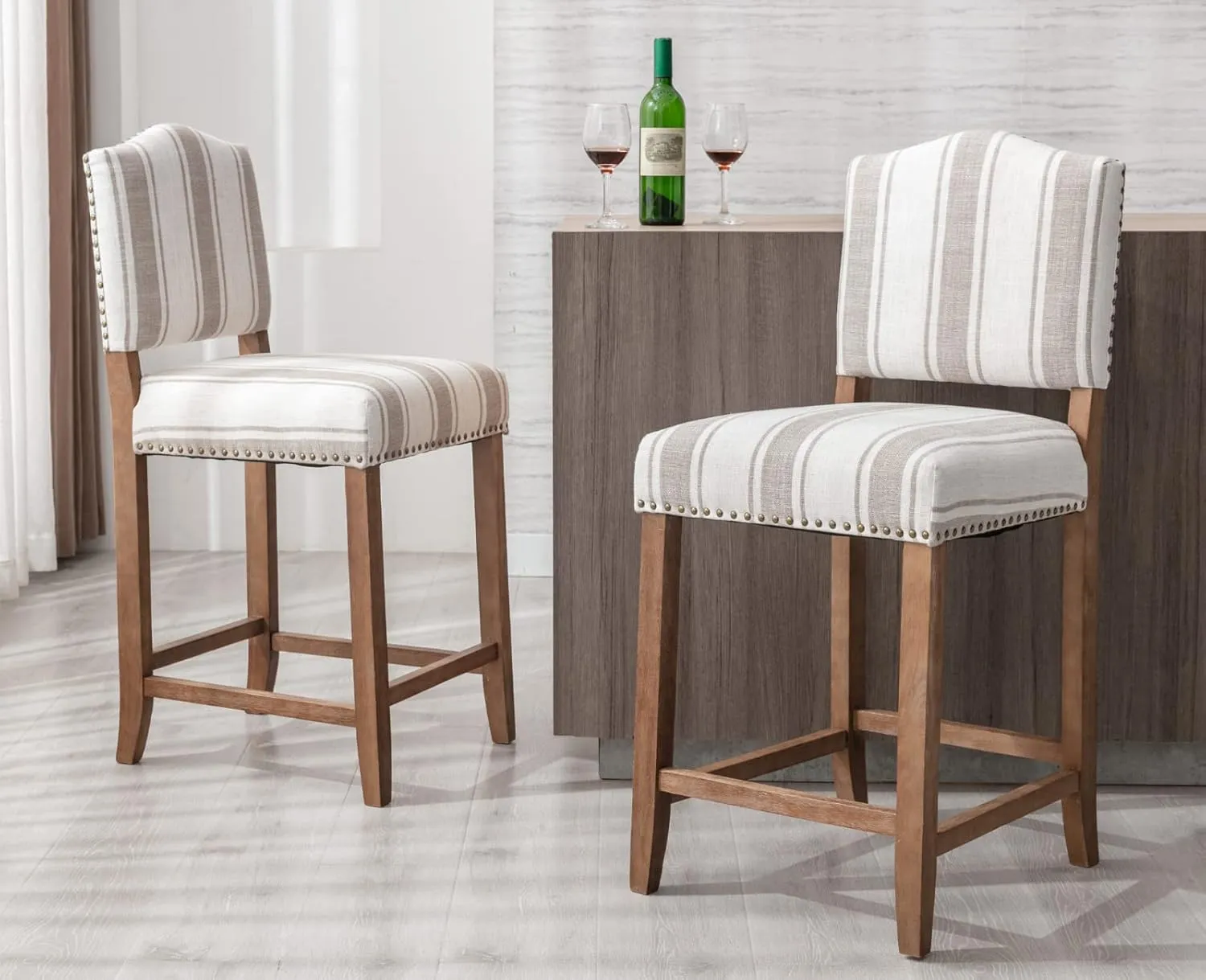 EALSON Farmhouse Bar Stools Set of 2 Counter Height Kitchen Barstools with Back Mid Century Modern Wooden Bar Chairs Linen Upholstered Island Stools for Home Bar/Bistro/Pub, 26 Inch Brown Stripe