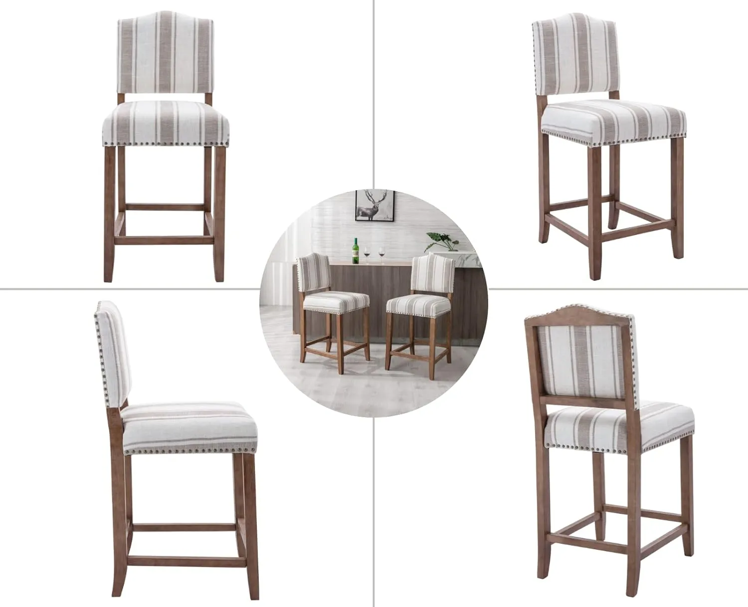 EALSON Farmhouse Bar Stools Set of 2 Counter Height Kitchen Barstools with Back Mid Century Modern Wooden Bar Chairs Linen Upholstered Island Stools for Home Bar/Bistro/Pub, 26 Inch Brown Stripe