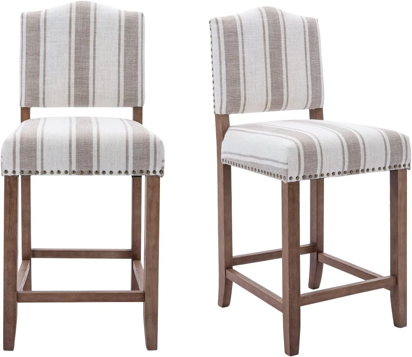 EALSON Farmhouse Bar Stools Set of 2 Counter Height Kitchen Barstools with Back Mid Century Modern Wooden Bar Chairs Linen Upholstered Island Stools for Home Bar/Bistro/Pub, 26 Inch Brown Stripe