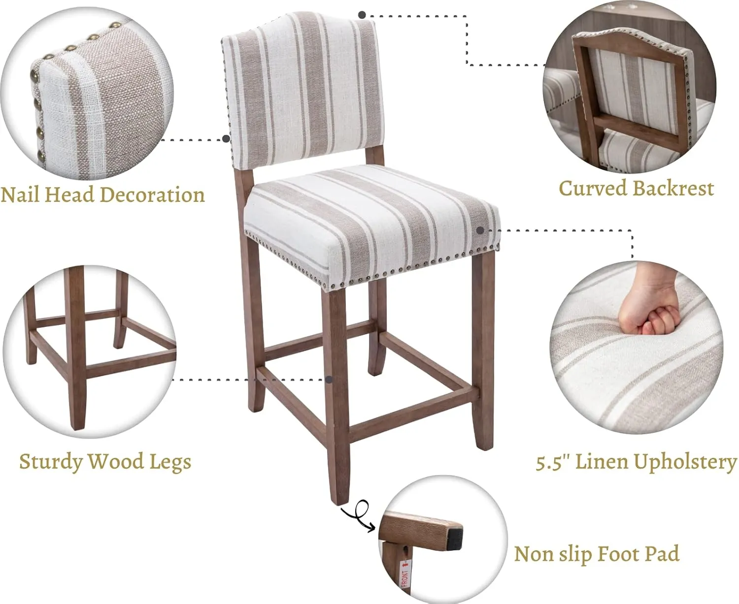 EALSON Farmhouse Bar Stools Set of 2 Counter Height Kitchen Barstools with Back Mid Century Modern Wooden Bar Chairs Linen Upholstered Island Stools for Home Bar/Bistro/Pub, 26 Inch Brown Stripe