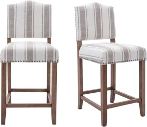 EALSON Farmhouse Bar Stools Set of 2 Counter Height Kitchen Barstools with Back Mid Century Modern Wooden Bar Chairs Linen Upholstered Island Stools for Home Bar/Bistro/Pub, 26 Inch Brown Stripe