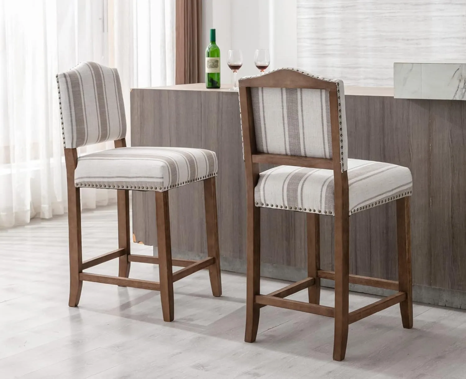 EALSON Farmhouse Bar Stools Set of 2 Counter Height Kitchen Barstools with Back Mid Century Modern Wooden Bar Chairs Linen Upholstered Island Stools for Home Bar/Bistro/Pub, 26 Inch Brown Stripe