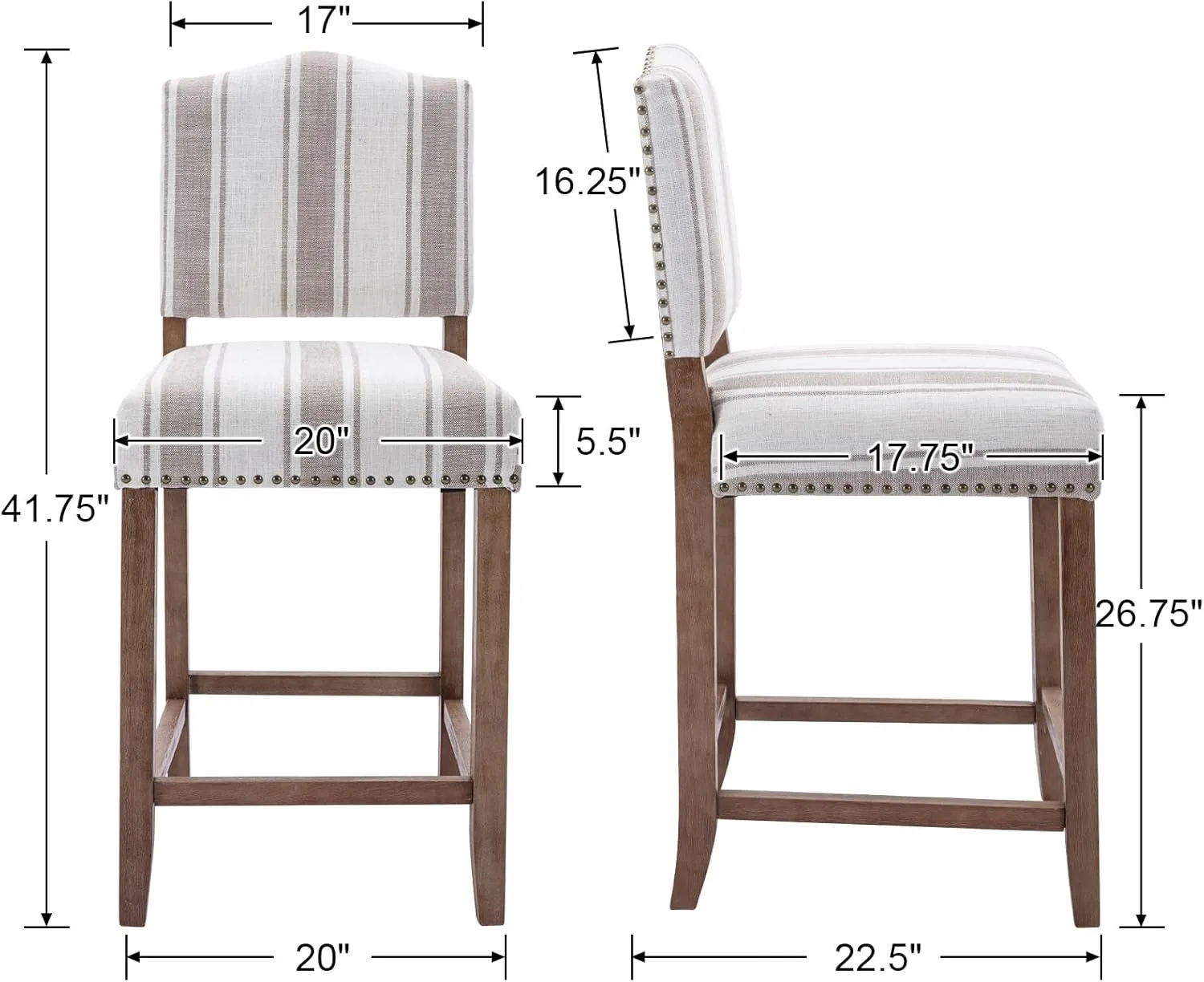 EALSON Farmhouse Bar Stools Set of 2 Counter Height Kitchen Barstools with Back Mid Century Modern Wooden Bar Chairs Linen Upholstered Island Stools for Home Bar/Bistro/Pub, 26 Inch Brown Stripe