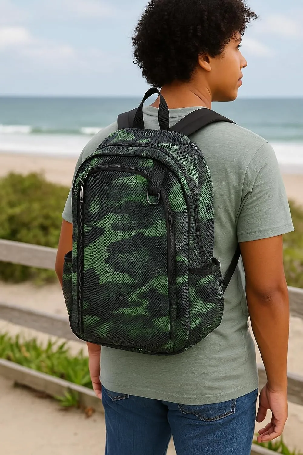 Eastsport Gym Mesh Backpack See Through Semi Transparent with Adjustable Straps for Work, Travel, Security, Swimming and Beach - Camo/Black