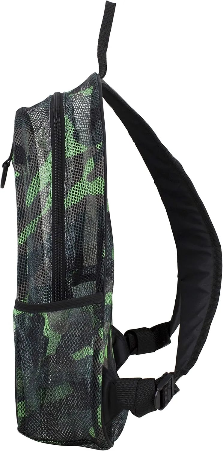 Eastsport Gym Mesh Backpack See Through Semi Transparent with Adjustable Straps for Work, Travel, Security, Swimming and Beach - Camo/Black