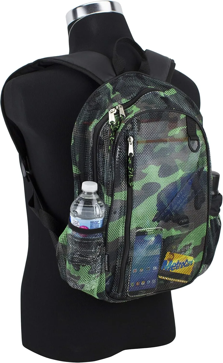 Eastsport Gym Mesh Backpack See Through Semi Transparent with Adjustable Straps for Work, Travel, Security, Swimming and Beach - Camo/Black