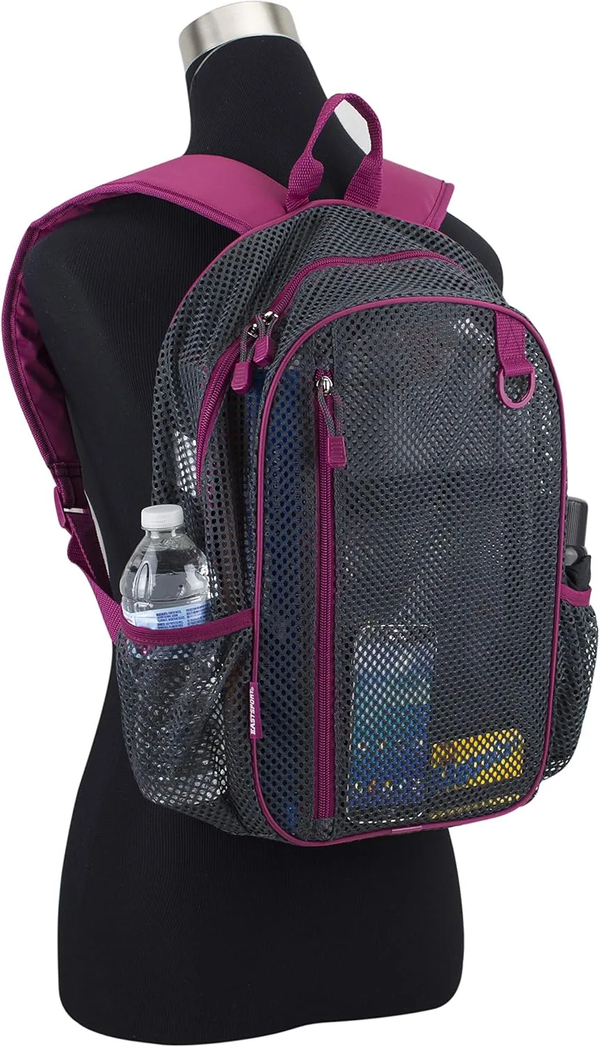Eastsport Gym Mesh Backpack See Through Semi Transparent with Adjustable Straps for Work, Travel, Security, Swimming and Beach - Graphite/Raspberry Trim