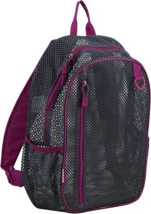 Eastsport Gym Mesh Backpack See Through Semi Transparent with Adjustable Straps for Work, Travel, Security, Swimming and Beach - Graphite/Raspberry Trim