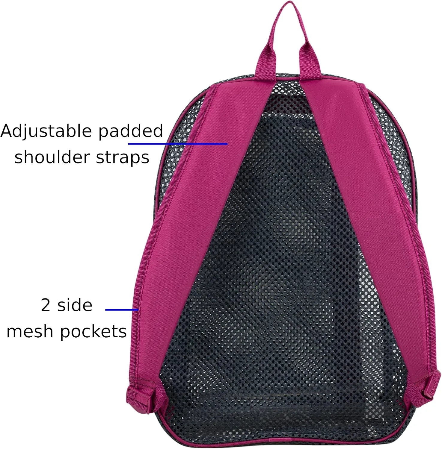 Eastsport Gym Mesh Backpack See Through Semi Transparent with Adjustable Straps for Work, Travel, Security, Swimming and Beach - Graphite/Raspberry Trim