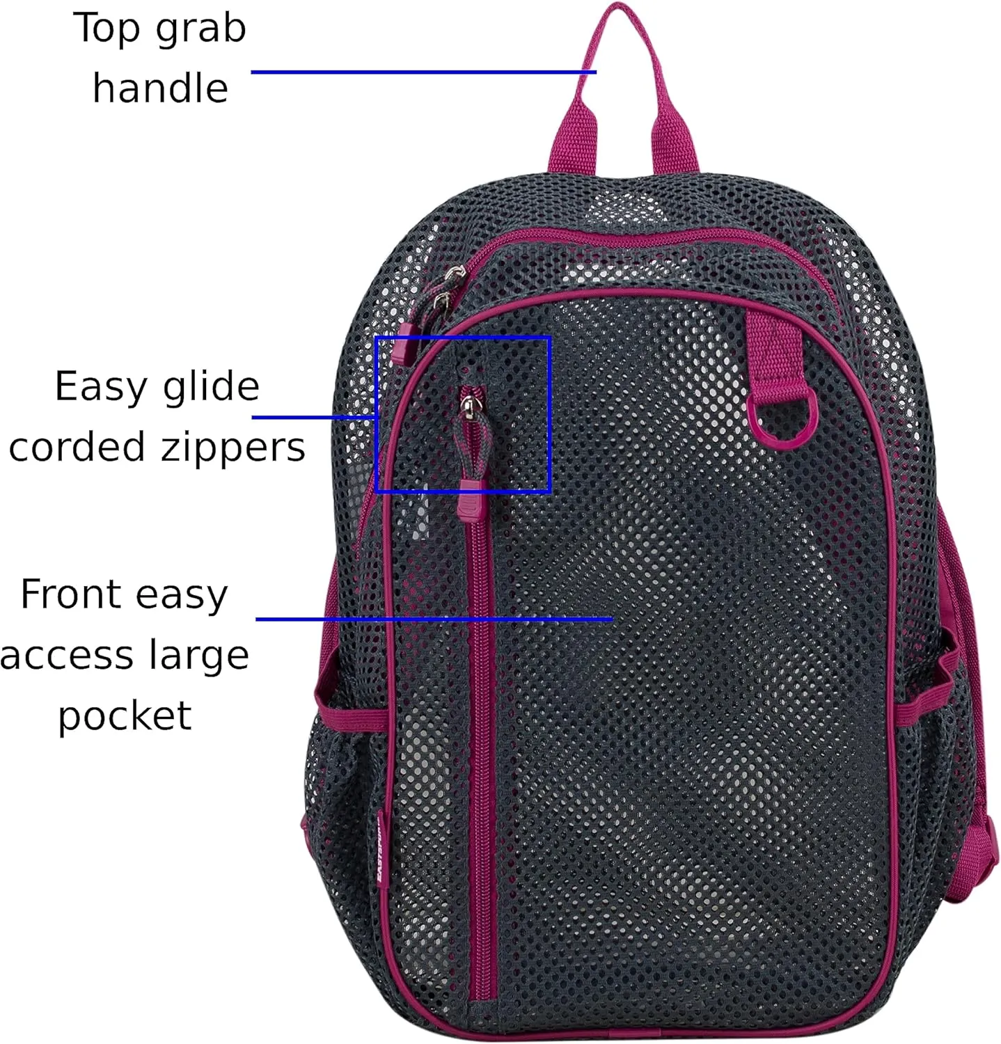 Eastsport Gym Mesh Backpack See Through Semi Transparent with Adjustable Straps for Work, Travel, Security, Swimming and Beach - Graphite/Raspberry Trim